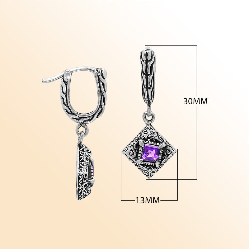 Handcrafted Balinese Sterling Silver Diamond-Shaped Dangle Earrings With Square-Cut Amethyst Quartz And Ornate Carved Detailing