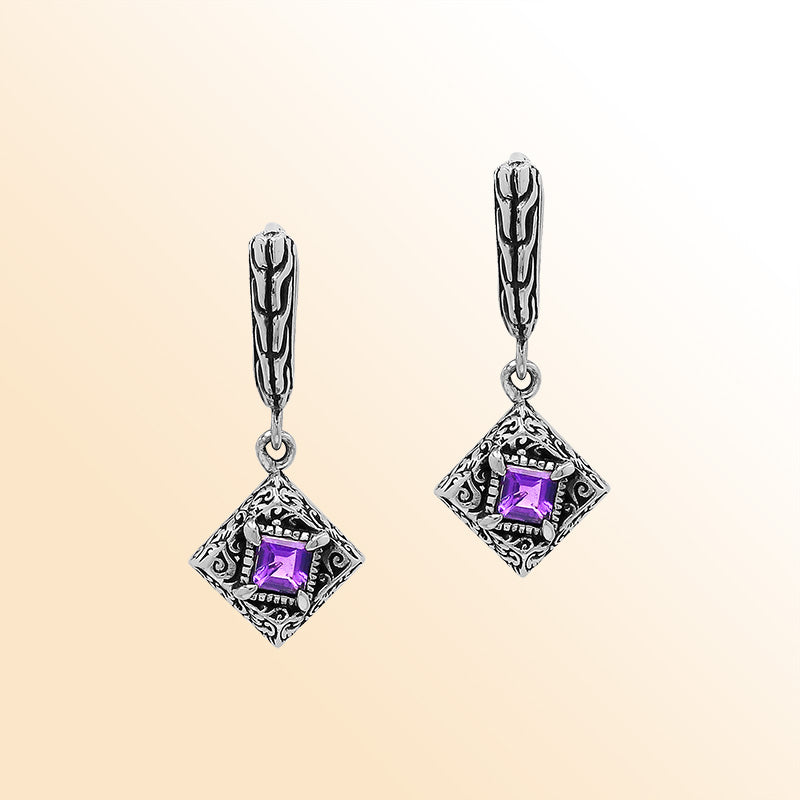 Handcrafted Balinese Sterling Silver Diamond-Shaped Dangle Earrings With Square-Cut Amethyst Quartz And Ornate Carved Detailing