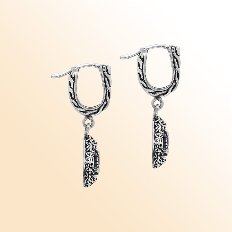 Handcrafted Balinese Sterling Silver Diamond-Shaped Dangle Earrings With Square-Cut Amethyst Quartz And Ornate Carved Detailing