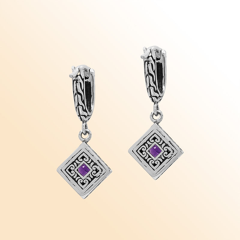 Handcrafted Balinese Sterling Silver Diamond-Shaped Dangle Earrings With Square-Cut Amethyst Quartz And Ornate Carved Detailing