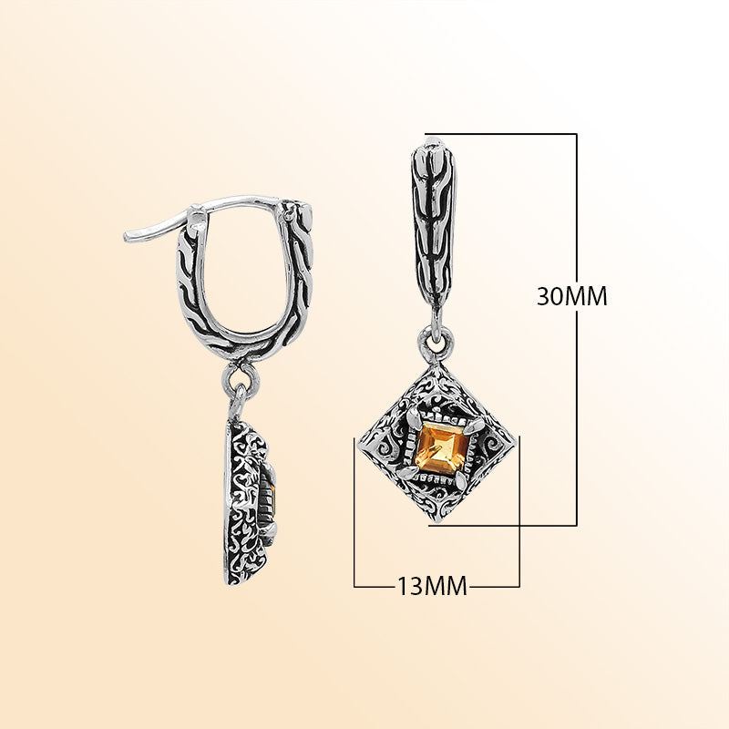 Handcrafted Balinese Sterling Silver Diamond-Shaped Dangle Earrings With Square-Cut Citrine Quartz And Ornate Carved Detailing