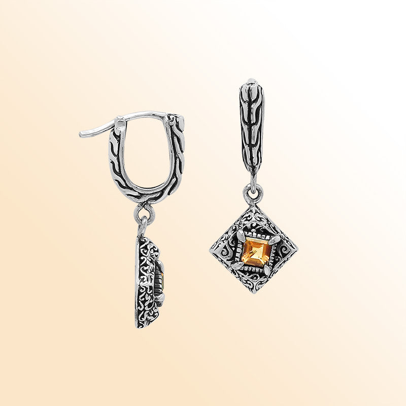 Handcrafted Balinese Sterling Silver Diamond-Shaped Dangle Earrings With Square-Cut Citrine Quartz And Ornate Carved Detailing