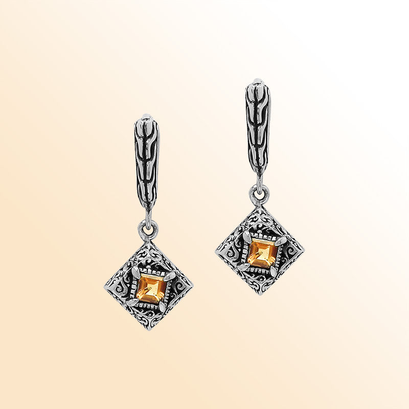 Handcrafted Balinese Sterling Silver Diamond-Shaped Dangle Earrings With Square-Cut Citrine Quartz And Ornate Carved Detailing