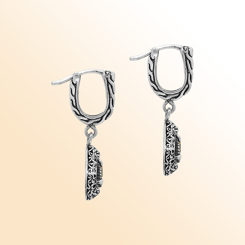 Handcrafted Balinese Sterling Silver Diamond-Shaped Dangle Earrings With Square-Cut Citrine Quartz And Ornate Carved Detailing