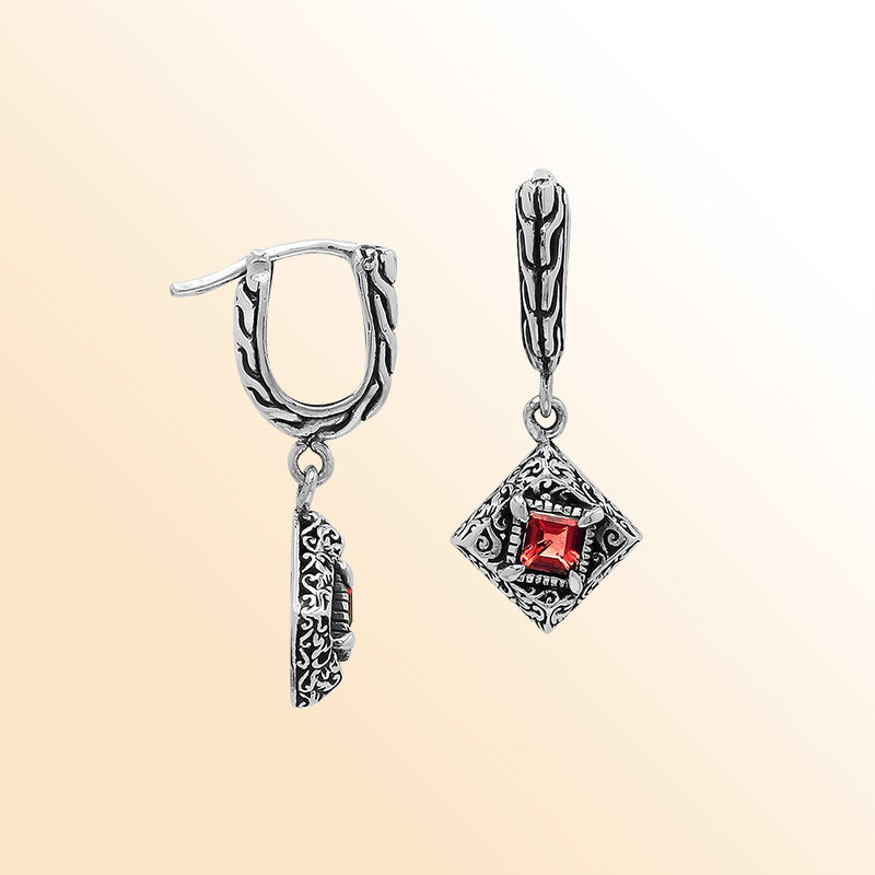 Handcrafted Balinese Sterling Silver Diamond-Shaped Dangle Earrings With Square-Cut Garnet Quartz And Ornate Carved Detailing