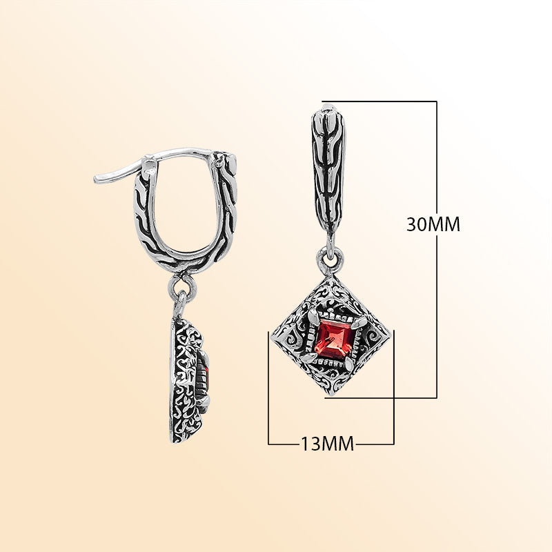 Handcrafted Balinese Sterling Silver Diamond-Shaped Dangle Earrings With Square-Cut Garnet Quartz And Ornate Carved Detailing