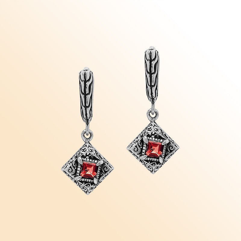 Handcrafted Balinese Sterling Silver Diamond-Shaped Dangle Earrings With Square-Cut Garnet Quartz And Ornate Carved Detailing