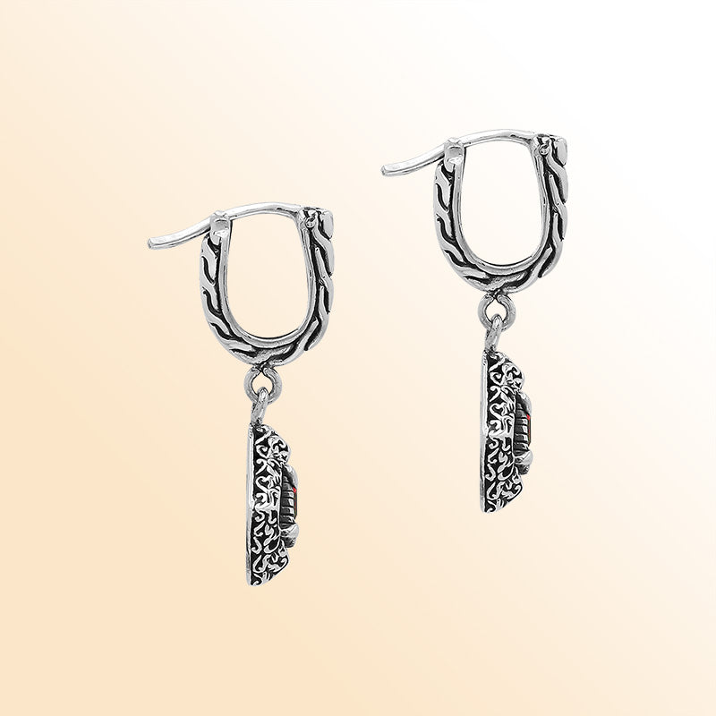 Handcrafted Balinese Sterling Silver Diamond-Shaped Dangle Earrings With Square-Cut Garnet Quartz And Ornate Carved Detailing