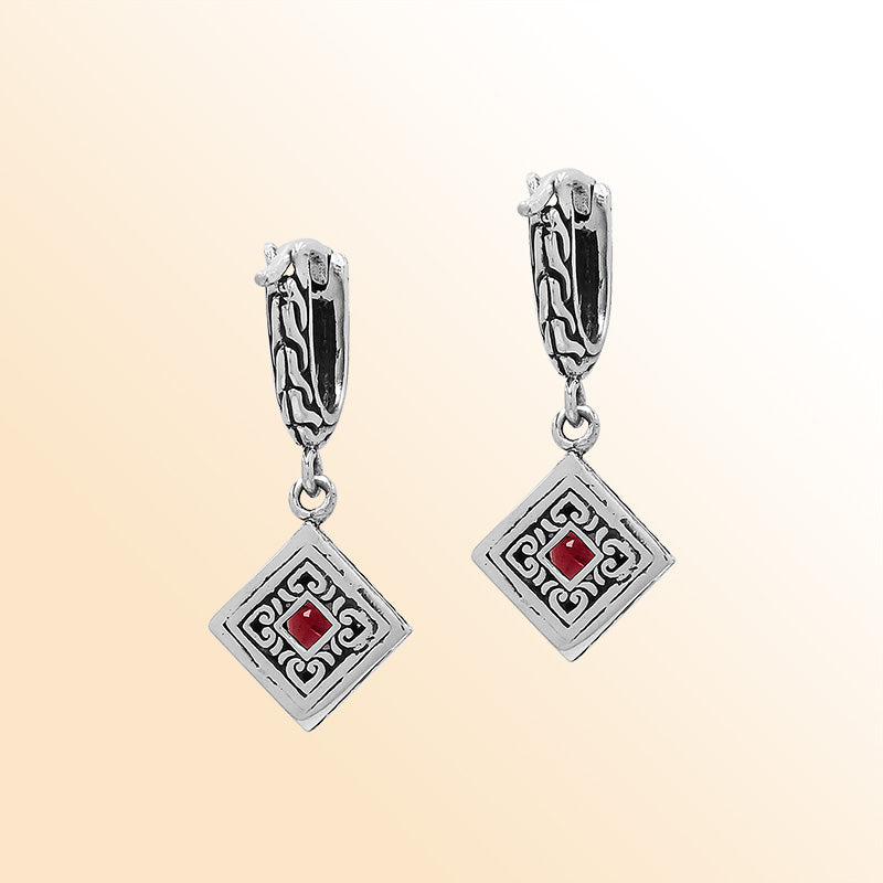 Handcrafted Balinese Sterling Silver Diamond-Shaped Dangle Earrings With Square-Cut Garnet Quartz And Ornate Carved Detailing