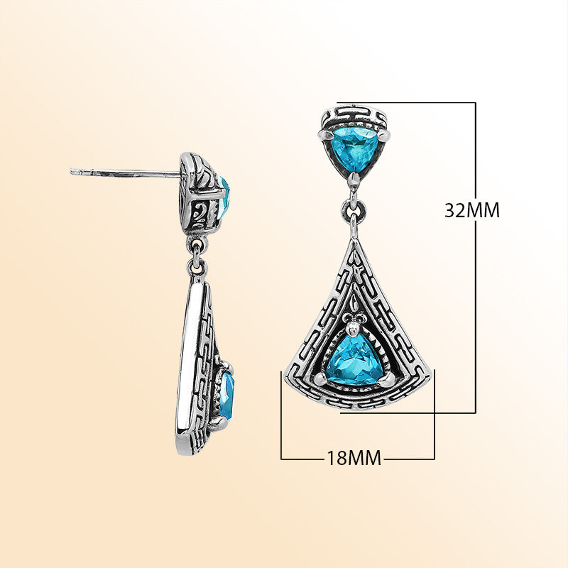 Handcrafted Balinese Sterling Silver Triangular Dangle Earrings With Blue Topaz Quartz And Maze Pattern Carving