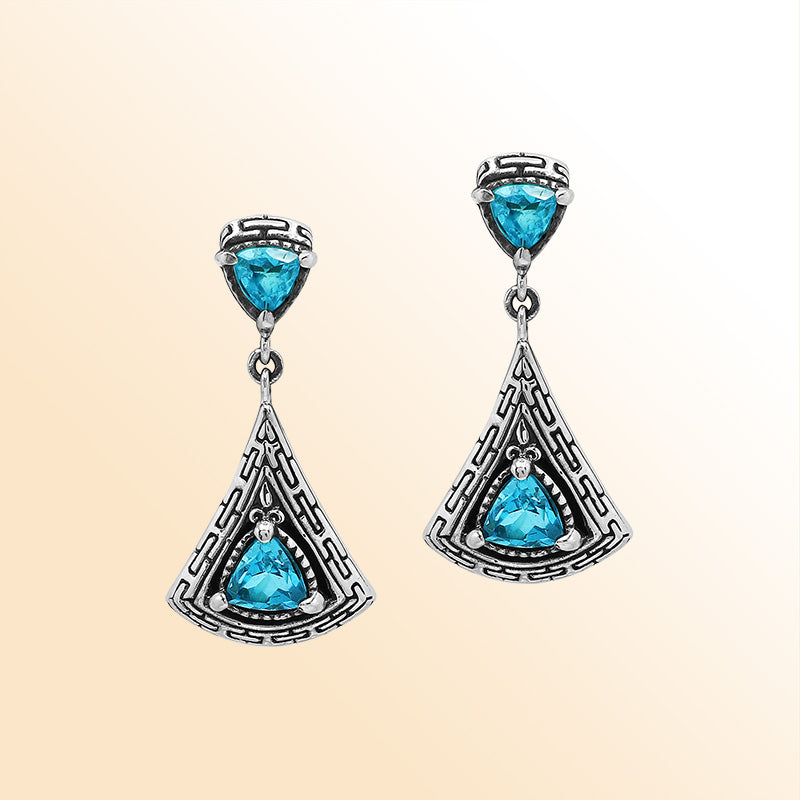 Handcrafted Balinese Sterling Silver Triangular Dangle Earrings With Blue Topaz Quartz And Maze Pattern Carving
