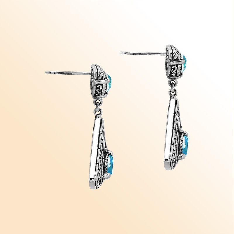 Handcrafted Balinese Sterling Silver Triangular Dangle Earrings With Blue Topaz Quartz And Maze Pattern Carving
