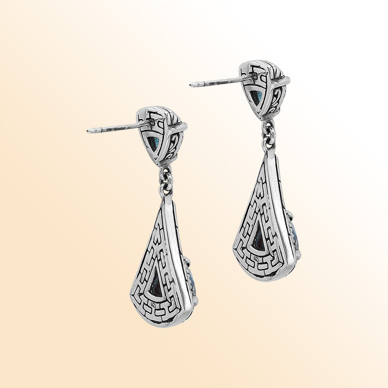 Handcrafted Balinese Sterling Silver Triangular Dangle Earrings With Blue Topaz Quartz And Maze Pattern Carving
