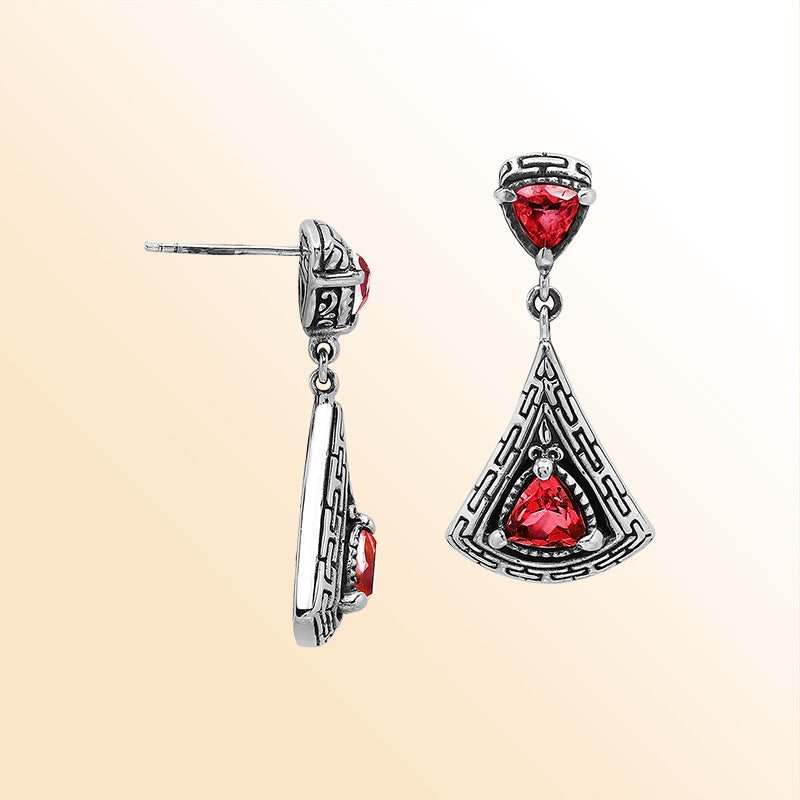 Handcrafted Balinese Sterling Silver Triangular Dangle Earrings With Garnet Quartz And Maze Pattern Carving