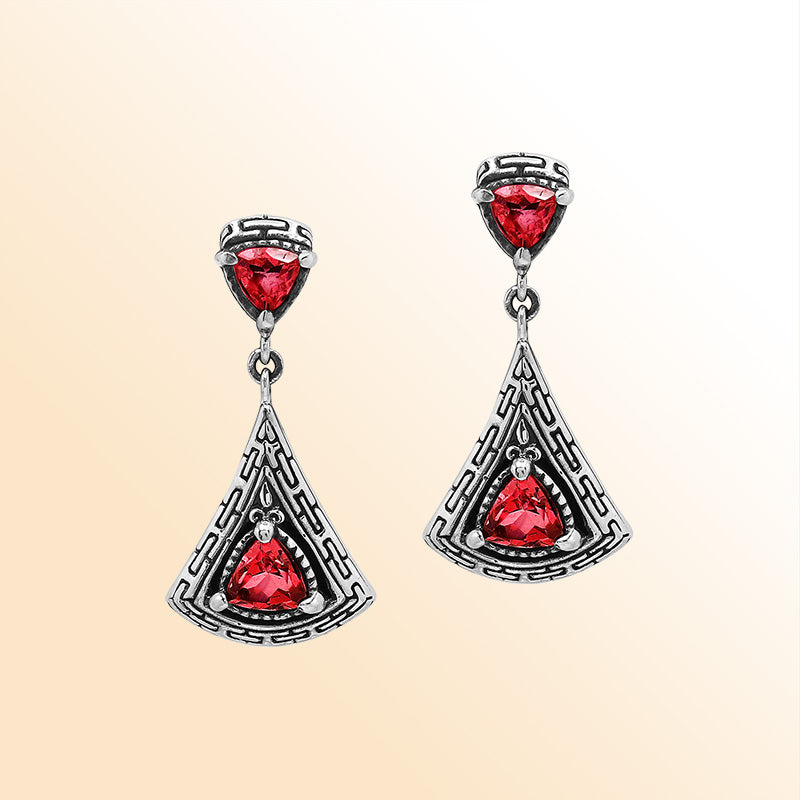 Handcrafted Balinese Sterling Silver Triangular Dangle Earrings With Garnet Quartz And Maze Pattern Carving