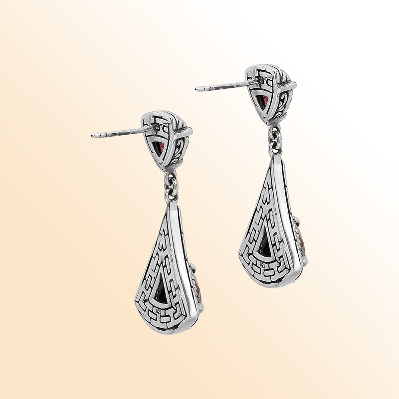 Handcrafted Balinese Sterling Silver Triangular Dangle Earrings With Garnet Quartz And Maze Pattern Carving