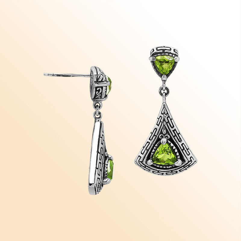 Handcrafted Balinese Sterling Silver Triangular Dangle Earrings With Peridot Quartz And Intricate Maze Pattern Carving