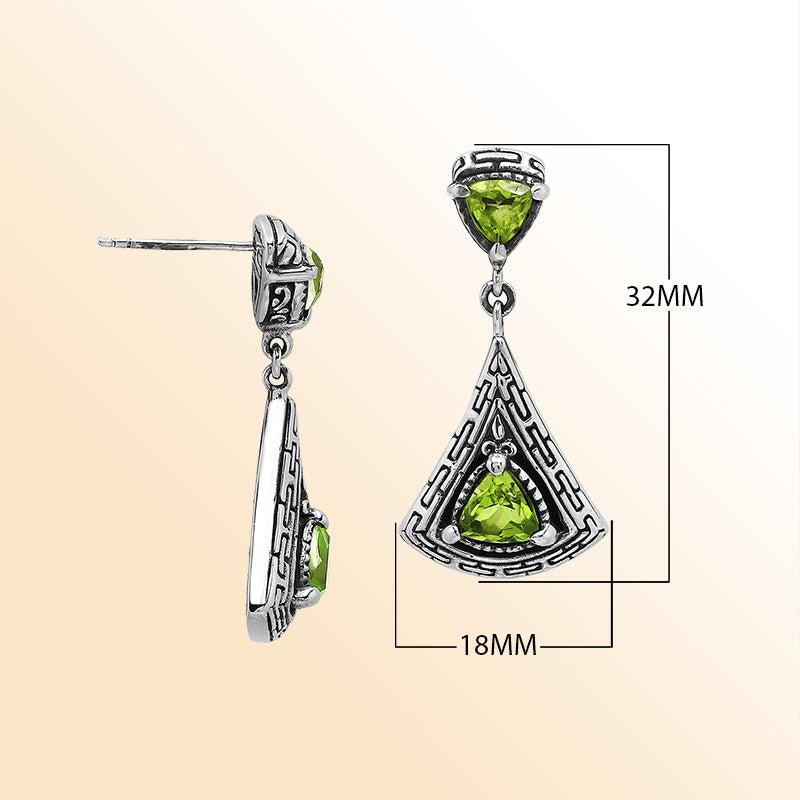 Handcrafted Balinese Sterling Silver Triangular Dangle Earrings With Peridot Quartz And Intricate Maze Pattern Carving
