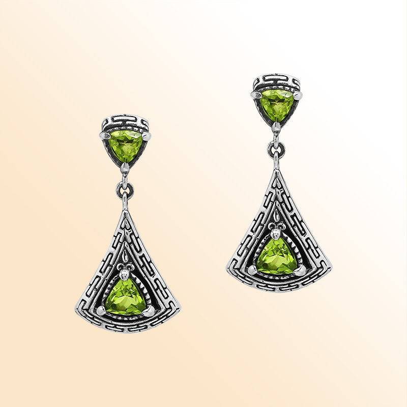 Handcrafted Balinese Sterling Silver Triangular Dangle Earrings With Peridot Quartz And Intricate Maze Pattern Carving