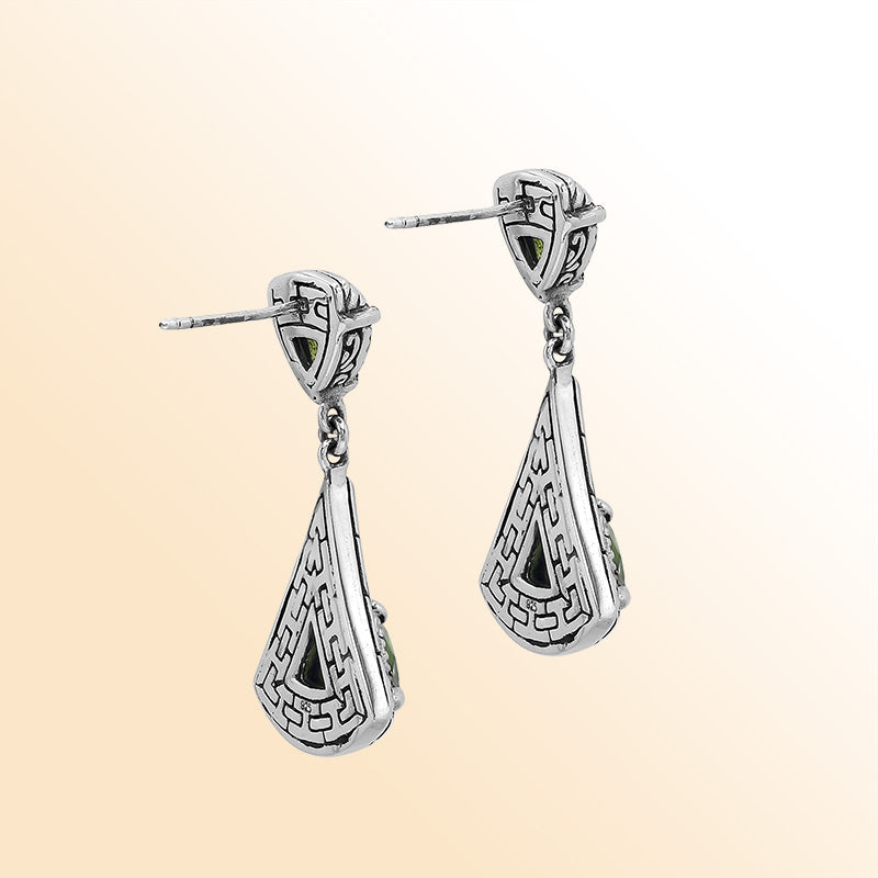 Handcrafted Balinese Sterling Silver Triangular Dangle Earrings With Peridot Quartz And Intricate Maze Pattern Carving