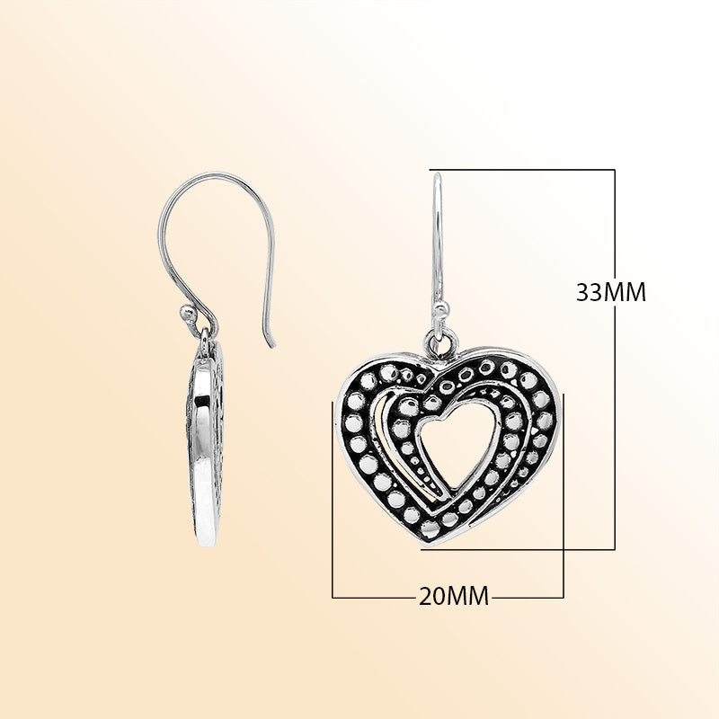 Handcrafted Balinese Sterling Silver Heart-Shaped Dangle Earrings With Dotted Carved Pattern And Oxidized Finish