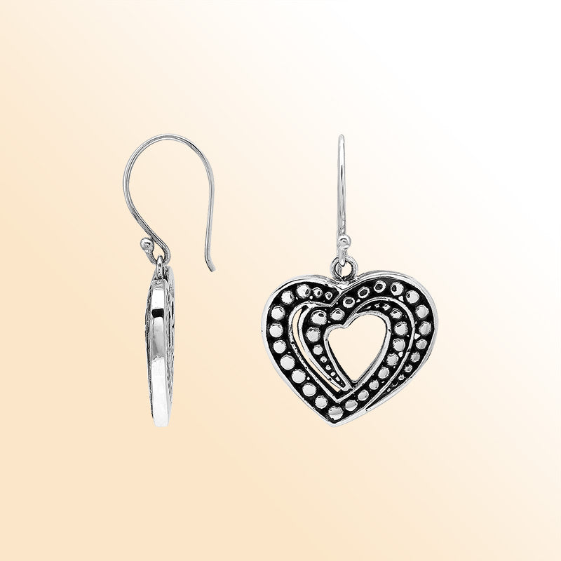 Handcrafted Balinese Sterling Silver Heart-Shaped Dangle Earrings With Dotted Carved Pattern And Oxidized Finish