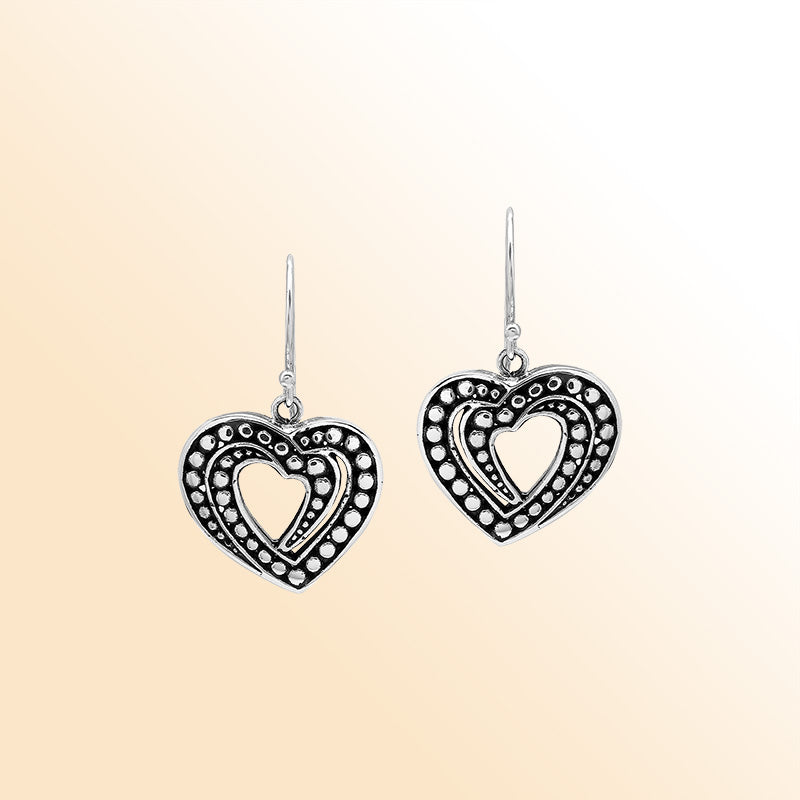 Handcrafted Balinese Sterling Silver Heart-Shaped Dangle Earrings With Dotted Carved Pattern And Oxidized Finish