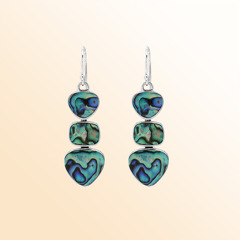 Handcrafted Balinese Sterling Silver Triple-Drop Earrings With Abalone Shell Hearts And Square Accents In Polished Finish