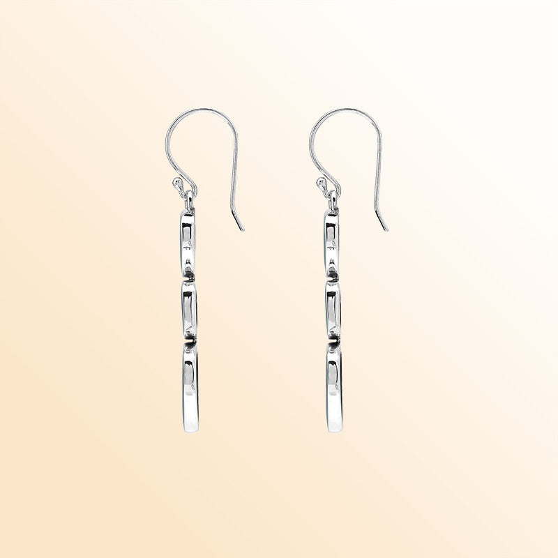 Handcrafted Balinese Sterling Silver Triple-Drop Earrings With Abalone Shell Hearts And Square Accents In Polished Finish