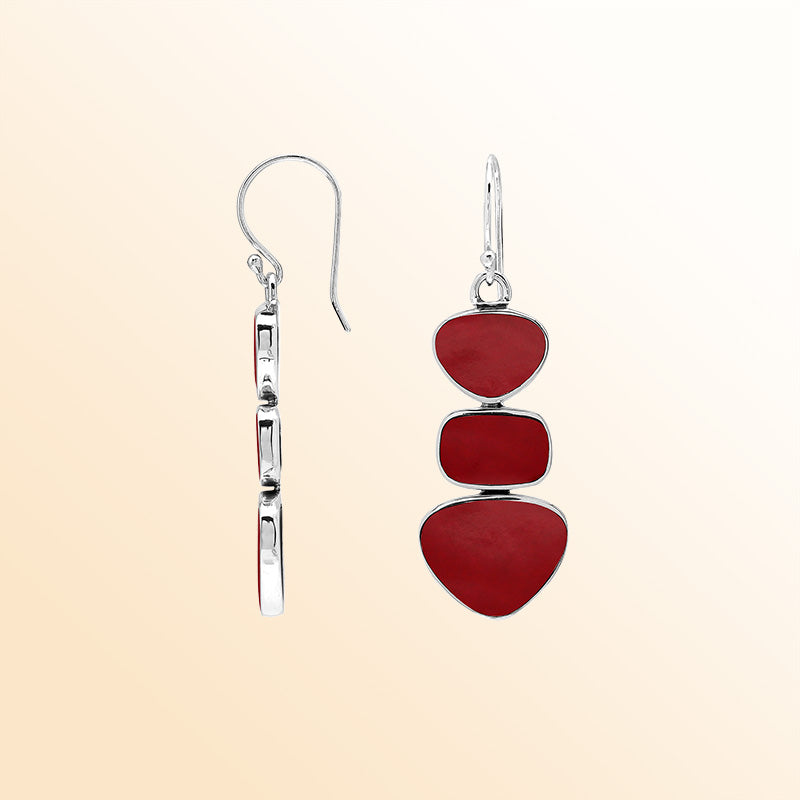 Handcrafted Balinese Sterling Silver Triple-Drop Earrings With Red Coral Hearts And Square Accents In Polished Finish