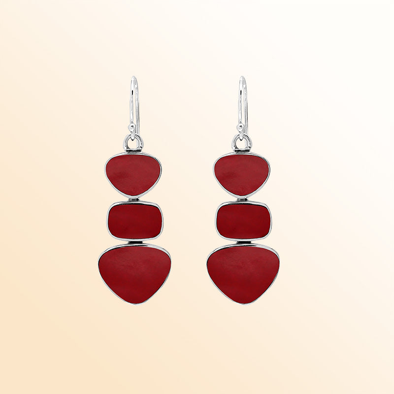Handcrafted Balinese Sterling Silver Triple-Drop Earrings With Red Coral Hearts And Square Accents In Polished Finish