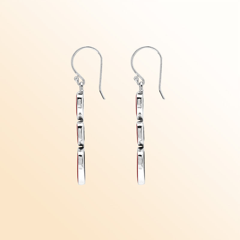 Handcrafted Balinese Sterling Silver Triple-Drop Earrings With Red Coral Hearts And Square Accents In Polished Finish