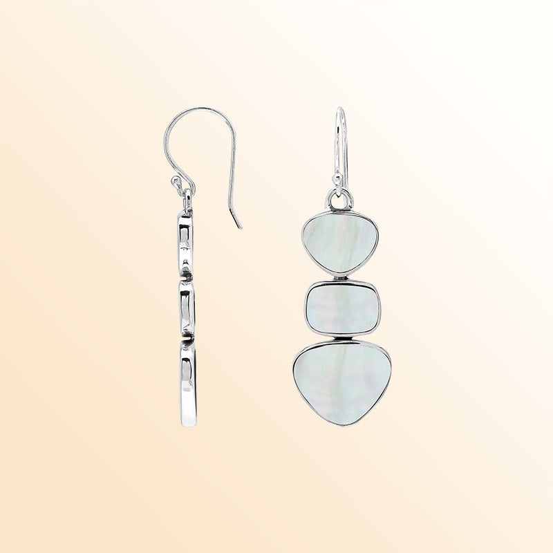Handcrafted Balinese Sterling Silver Triple-Drop Earrings With Mother Of Pearl Hearts And Square Accents In Polished Finish