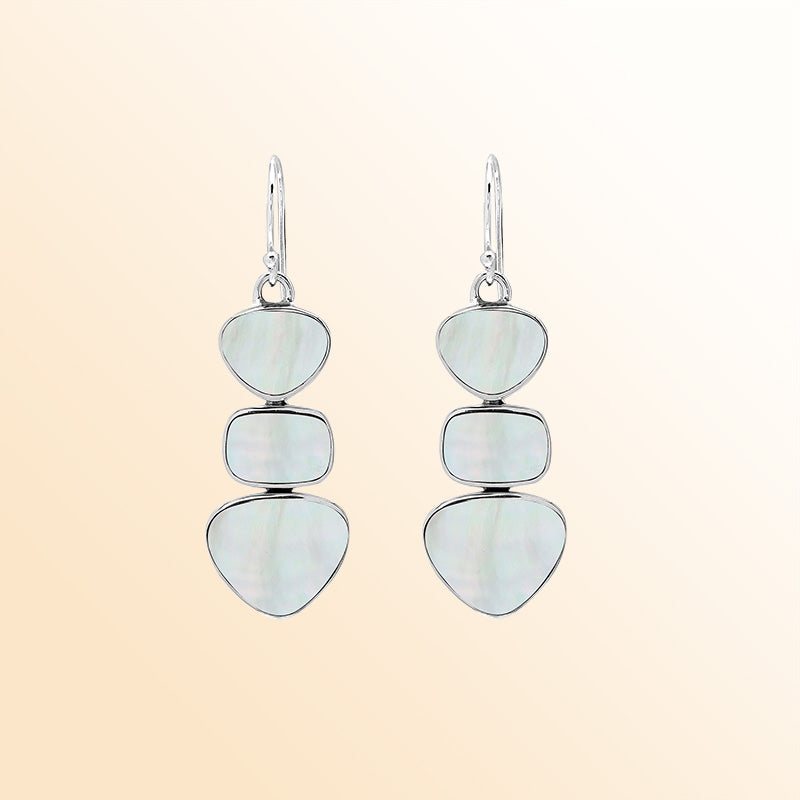 Handcrafted Balinese Sterling Silver Triple-Drop Earrings With Mother Of Pearl Hearts And Square Accents In Polished Finish