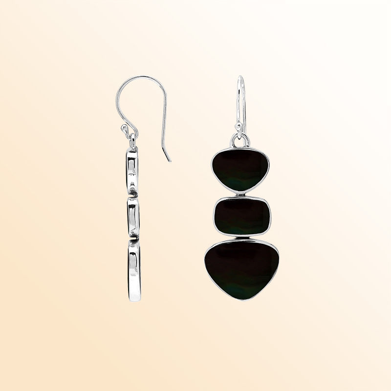 Handcrafted Balinese Sterling Silver Triple-Drop Earrings With Shiva Shell Black Hearts And Square Accents In Polished Finish