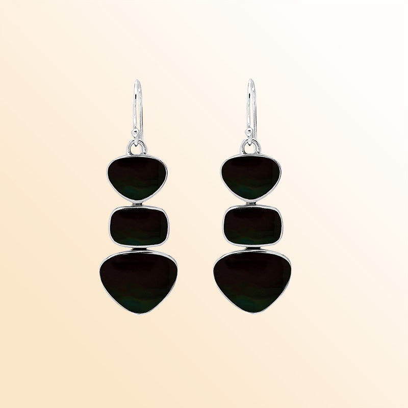 Handcrafted Balinese Sterling Silver Triple-Drop Earrings With Shiva Shell Black Hearts And Square Accents In Polished Finish