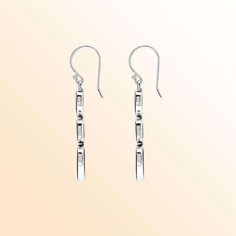 Handcrafted Balinese Sterling Silver Triple-Drop Earrings With Shiva Shell Black Hearts And Square Accents In Polished Finish