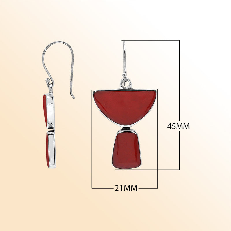 Sterling Silver Red Coral Horizon Muse Half Moon Drop Handmade Earrings