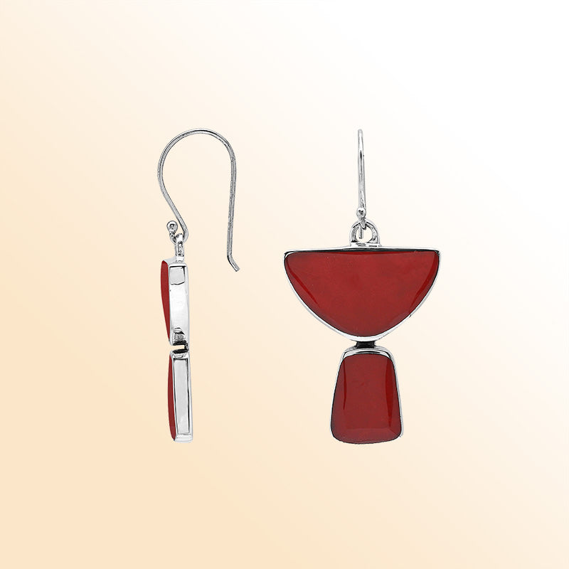 Sterling Silver Red Coral Horizon Muse Half Moon Drop Handmade Earrings