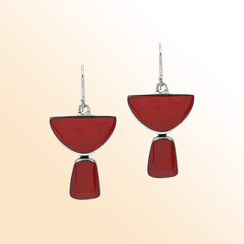 Sterling Silver Red Coral Horizon Muse Half Moon Drop Handmade Earrings