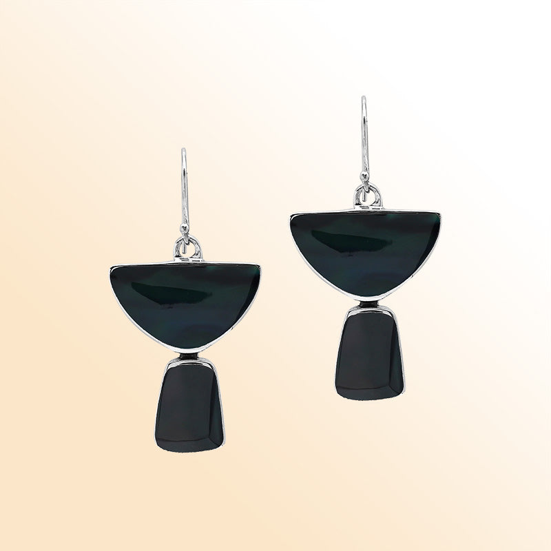 Sterling Silver Black Shell Midnight Horizon Half Moon Handmade Drop Earrings