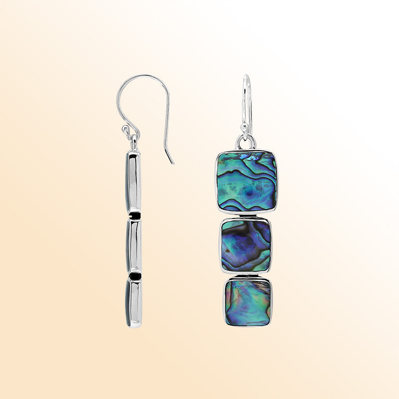 Sterling Silver Dangle Earrings Featuring Three Vertically Stacked Cushion Abalone Shell Pieces