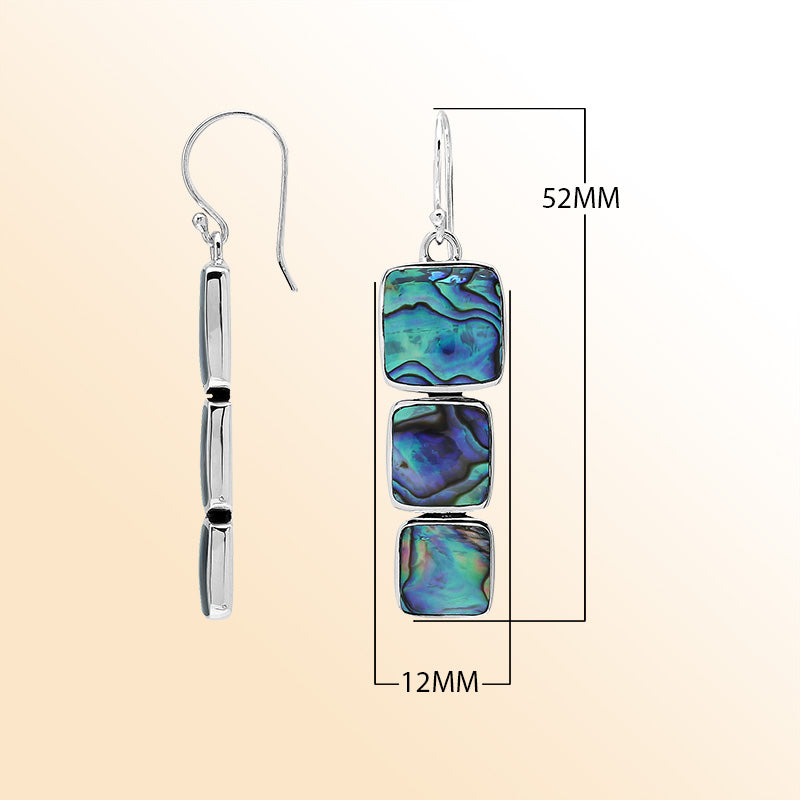Sterling Silver Dangle Earrings Featuring Three Vertically Stacked Cushion Abalone Shell Pieces