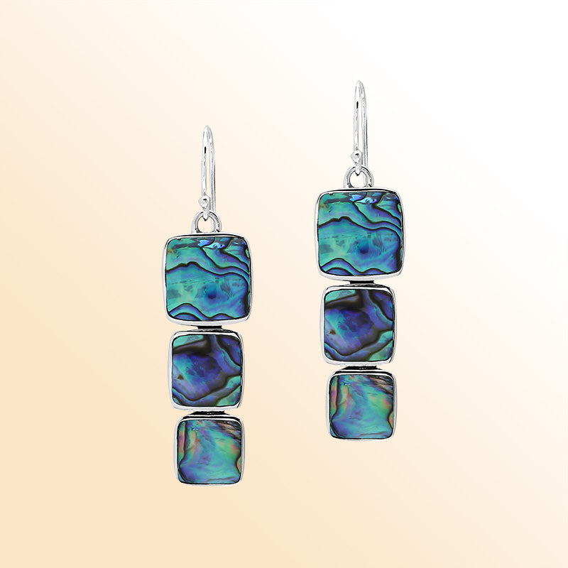 Sterling Silver Dangle Earrings Featuring Three Vertically Stacked Cushion Abalone Shell Pieces