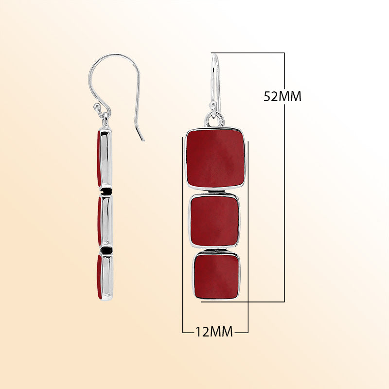 Sterling Silver Dangle Earrings Featuring Three Vertically Stacked Cushion Red Coral Pieces