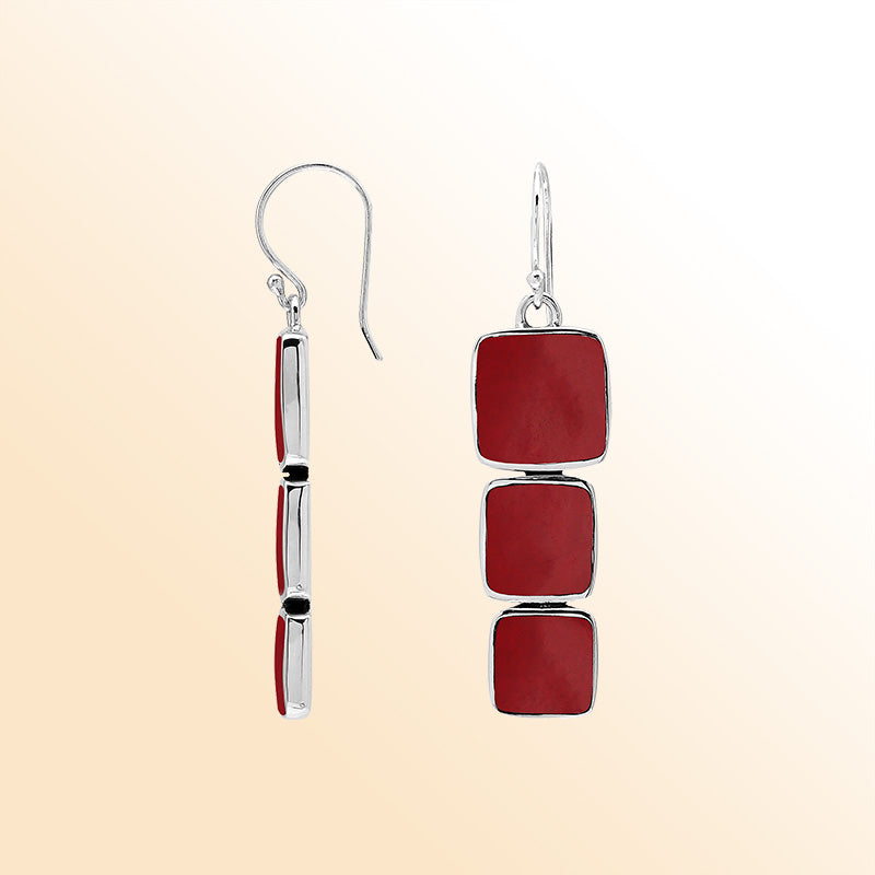 Sterling Silver Dangle Earrings Featuring Three Vertically Stacked Cushion Red Coral Pieces