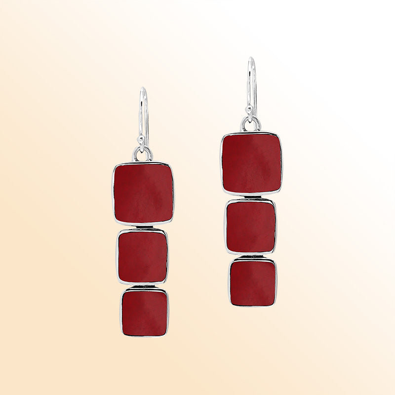 Sterling Silver Dangle Earrings Featuring Three Vertically Stacked Cushion Red Coral Pieces