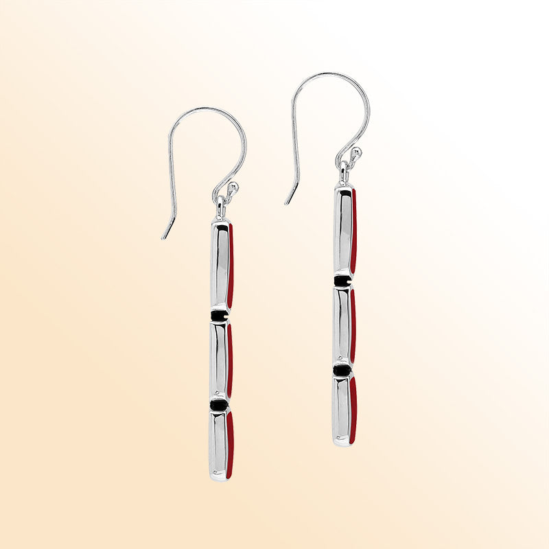 Sterling Silver Dangle Earrings Featuring Three Vertically Stacked Cushion Red Coral Pieces