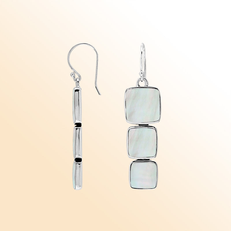 Sterling Silver Dangle Earrings Featuring Three Vertically Stacked Cushion Mother Of Pearl Pieces