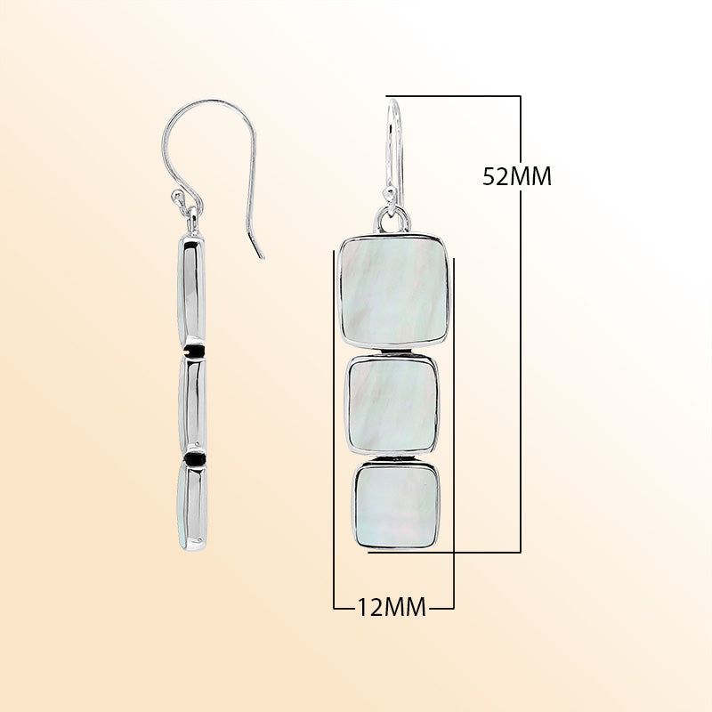 Sterling Silver Dangle Earrings Featuring Three Vertically Stacked Cushion Mother Of Pearl Pieces